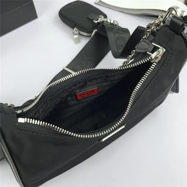 Prada Re-Edition Black Silver Curved Hobo Silhouette Nylon Body Chain Bag 10