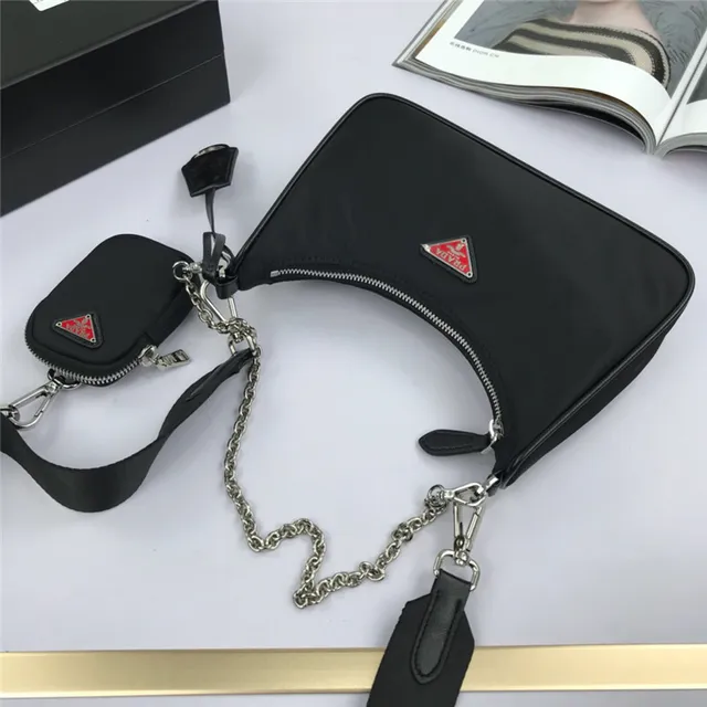 Prada Re-Edition Black Silver Curved Hobo Silhouette Nylon Body Chain Bag 15