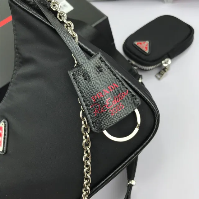 Prada Re-Edition Black Silver Curved Hobo Silhouette Nylon Body Chain Bag 16