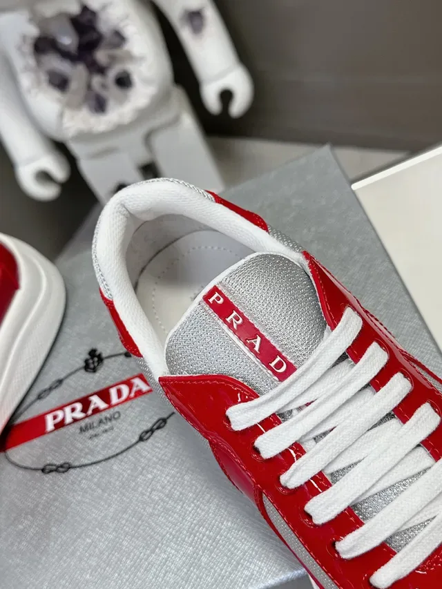 Prada Red Silver Glossy Patent Mesh Panels Lifestyle Sneakers 7