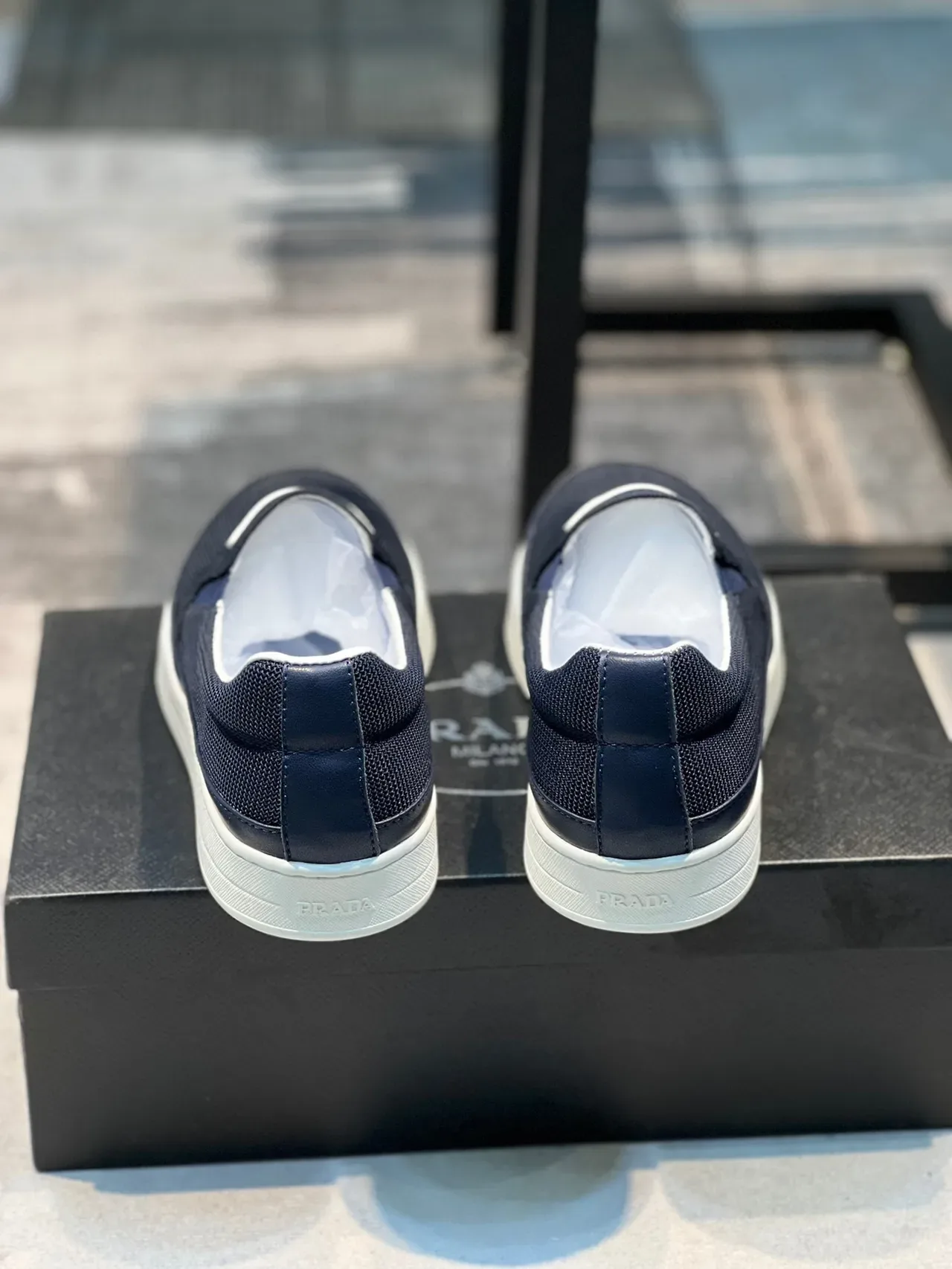 Prada Slip-On Sneaker Navy White Mesh Upper Construction Lifestyle Sneakers 2