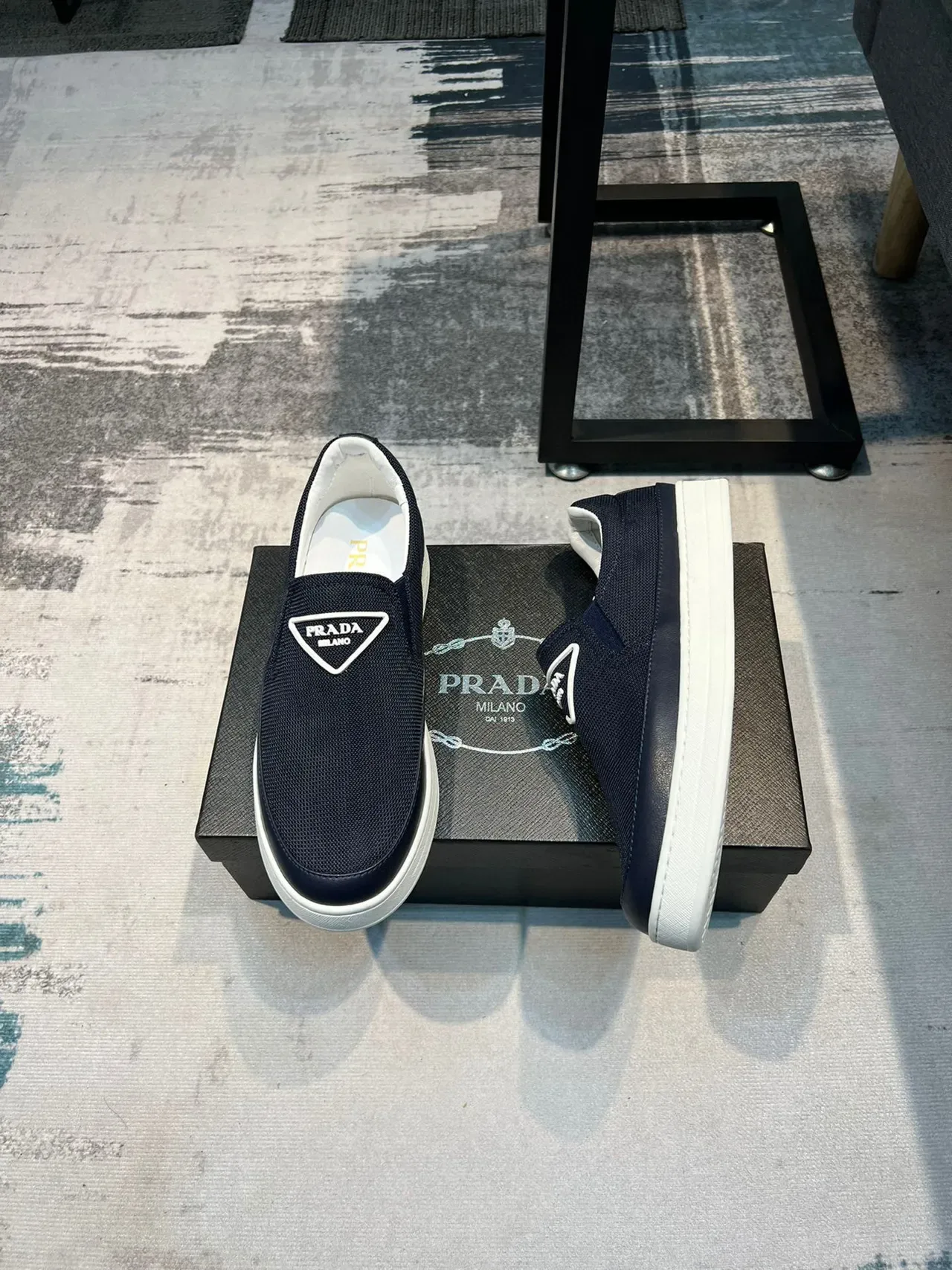 Prada Slip-On Sneaker Navy White Mesh Upper Construction Lifestyle Sneakers 4
