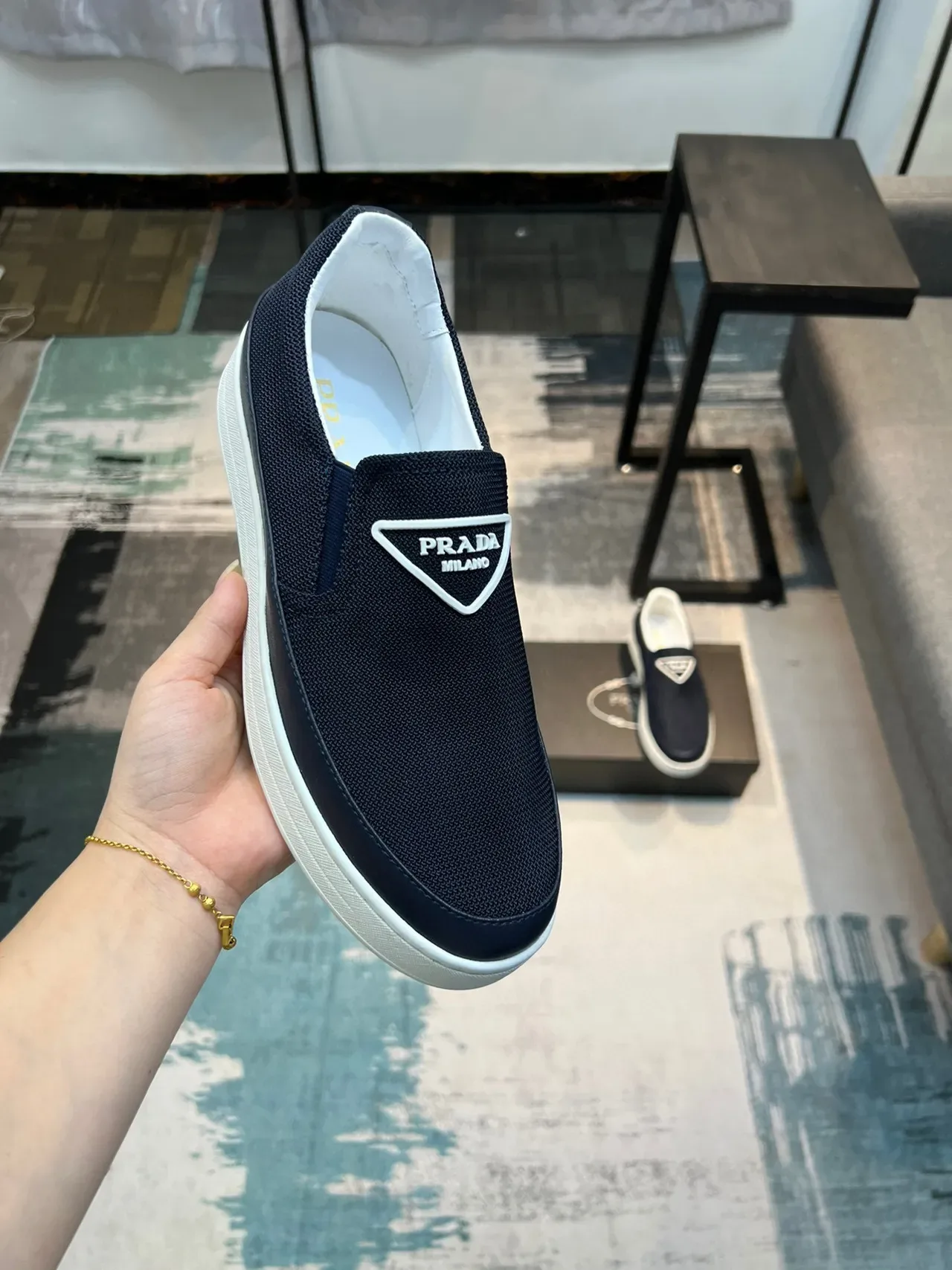 Prada Slip-On Sneaker Navy White Mesh Upper Construction Lifestyle Sneakers 6