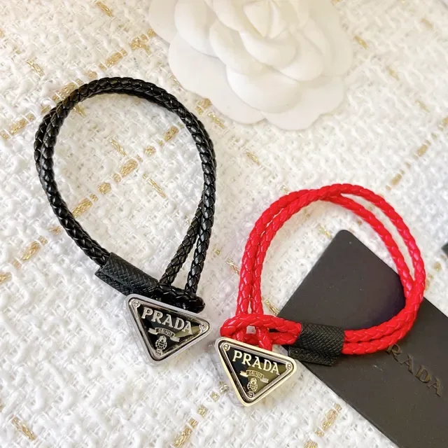 Prada Triangle Charm Black Red Braided Cord Triangular Metal Bracelet 2