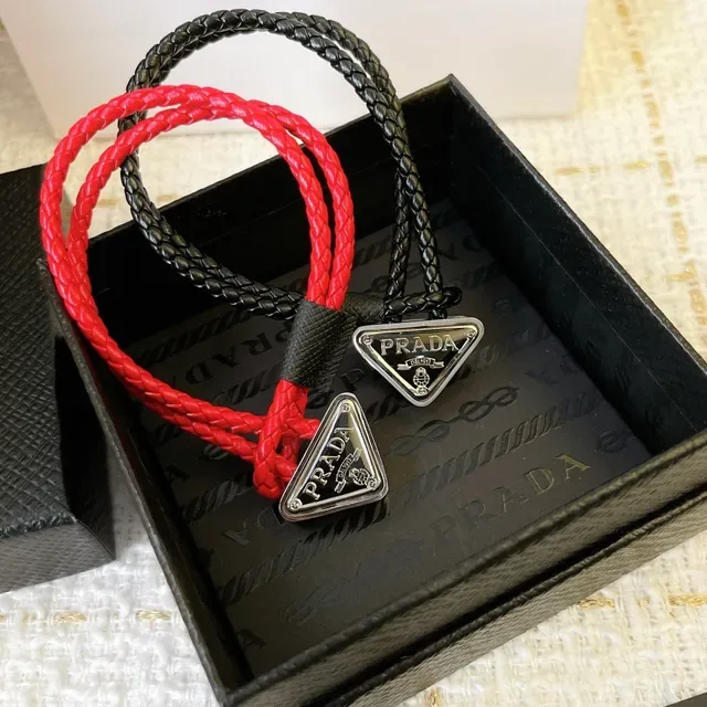 Prada Triangle Charm Black Red Braided Cord Triangular Metal Bracelet 3