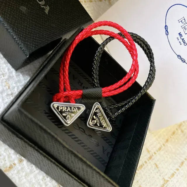 Prada Triangle Charm Black Red Braided Cord Triangular Metal Bracelet 4