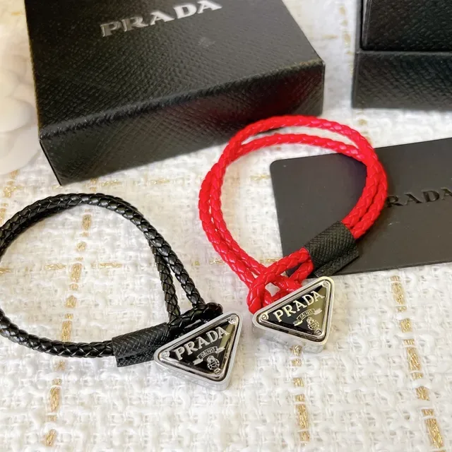 Prada Triangle Charm Black Red Braided Cord Triangular Metal Bracelet 5