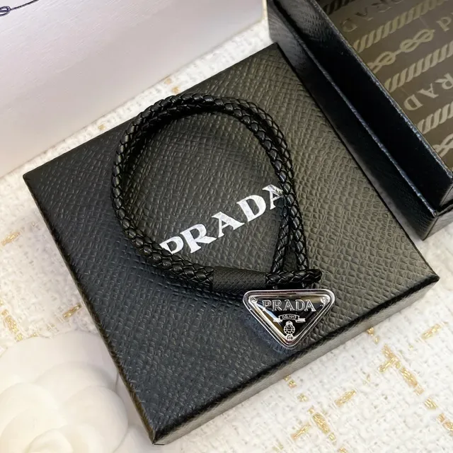 Prada Triangle Charm Black Red Braided Cord Triangular Metal Bracelet 6