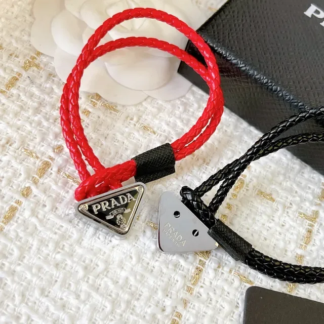 Prada Triangle Charm Black Red Braided Cord Triangular Metal Bracelet 7