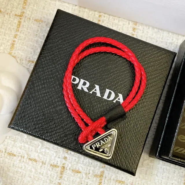 Prada Triangle Charm Black Red Braided Cord Triangular Metal Bracelet 8