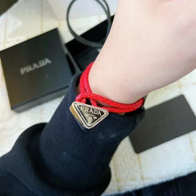 Prada Triangle Charm Black Red Braided Cord Triangular Metal Bracelet 9
