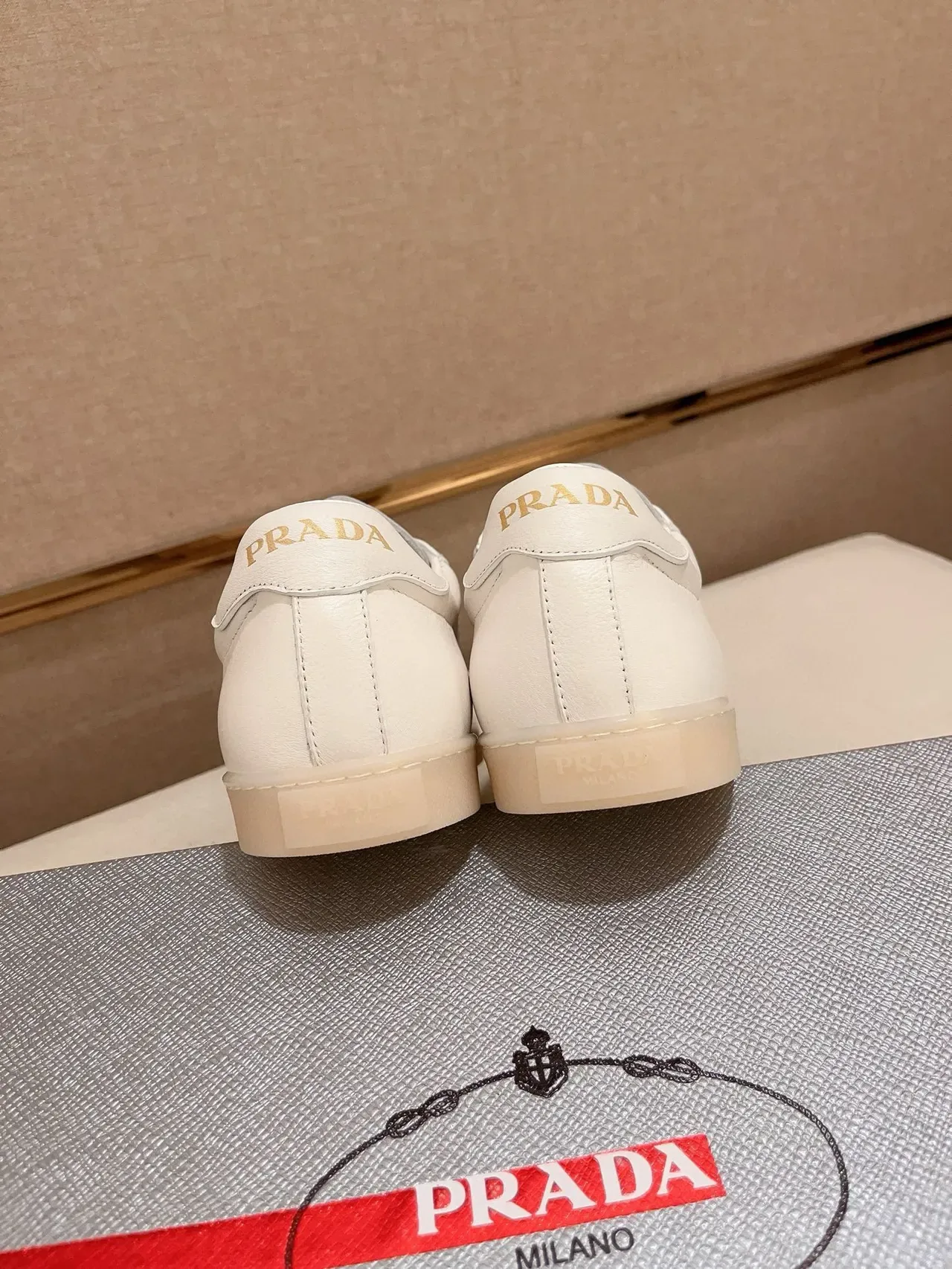 Prada White Beige Leather Upper Triangular Logo Plaque Lifestyle Sneakers 3