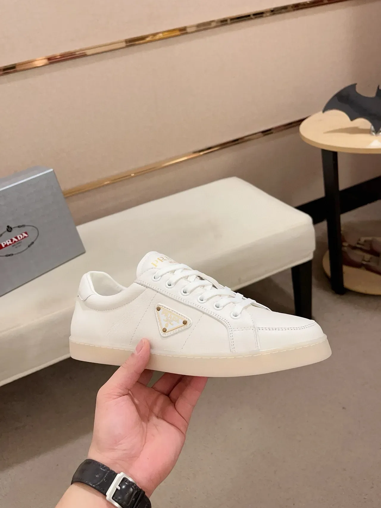Prada White Beige Leather Upper Triangular Logo Plaque Lifestyle Sneakers 4