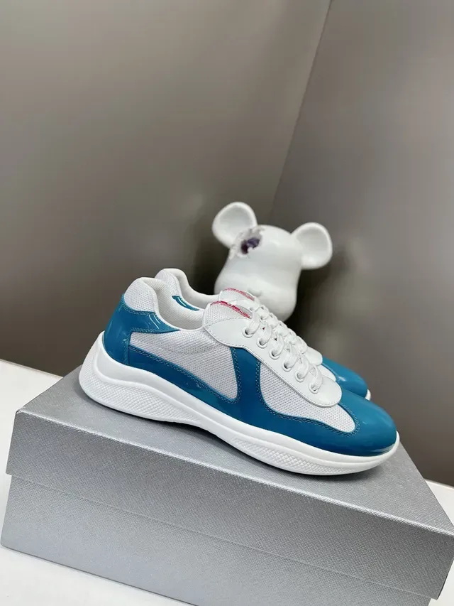 Prada White Blue Glossy Patent Toe Cap Mesh Side Panels Lifestyle Sneakers 2