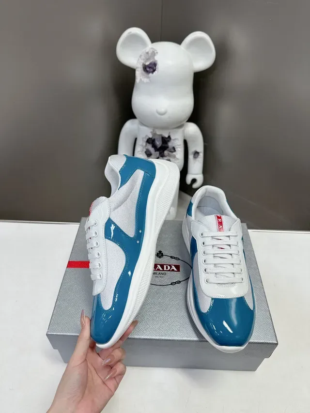 Prada White Blue Glossy Patent Toe Cap Mesh Side Panels Lifestyle Sneakers 3