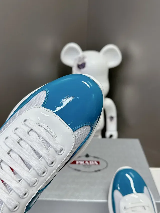 Prada White Blue Glossy Patent Toe Cap Mesh Side Panels Lifestyle Sneakers 6