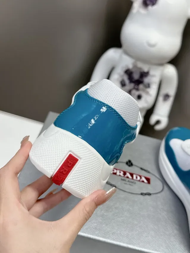 Prada White Blue Glossy Patent Toe Cap Mesh Side Panels Lifestyle Sneakers 7