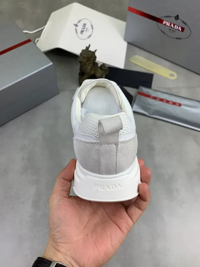 Prada White Gray Layered Mesh And Suede Triangular Logo Plaque Lifestyle Sneakers 3