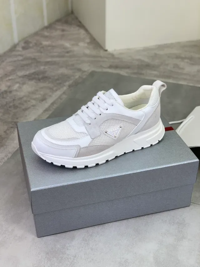 Prada White Gray Layered Mesh And Suede Triangular Logo Plaque Lifestyle Sneakers 4