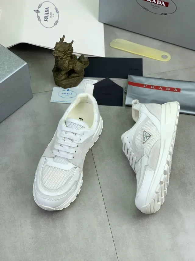 Prada White Gray Layered Mesh And Suede Triangular Logo Plaque Lifestyle Sneakers 5