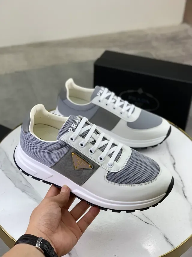 Prada White Gray Mesh And Leather Paneling Triangular Metal Logo Plaque Chunky Sneakers 4