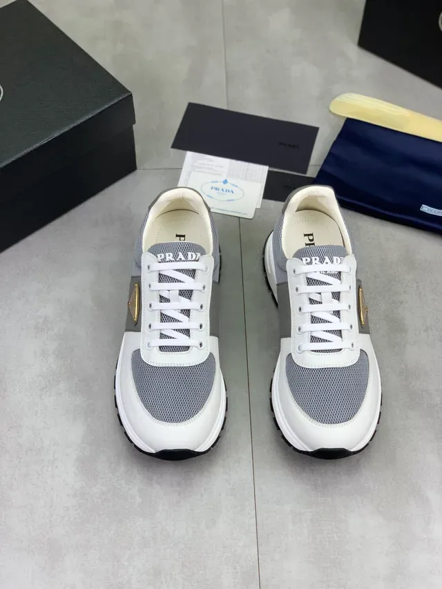 Prada White Gray Mesh And Leather Paneling Triangular Metal Logo Plaque Chunky Sneakers 5