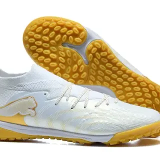 Puma Future Z White Gold Sock-Fit Knit Upper Cat Logo Turf Soccer Shoes