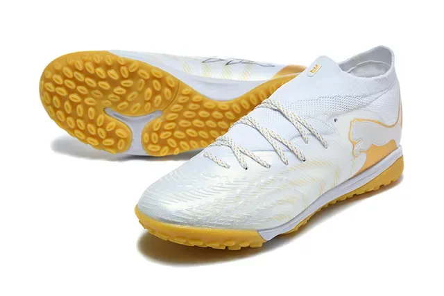 Puma Future Z Chaussures de Football Turf Blanc et Or, Upper en Maille Ajustable, Logo du Chat 6