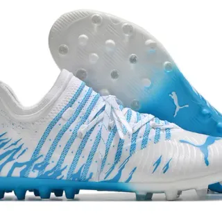 Puma White Blue Knitted Upper Dynamic Wave Graphics Firm-Ground Soccer Shoes