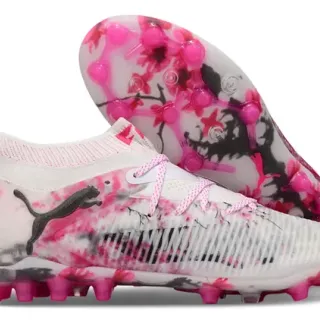 Puma White Pink Low-Cut Knit Collar Floral Ink-Splatter Print Firm-Ground Soccer Shoes