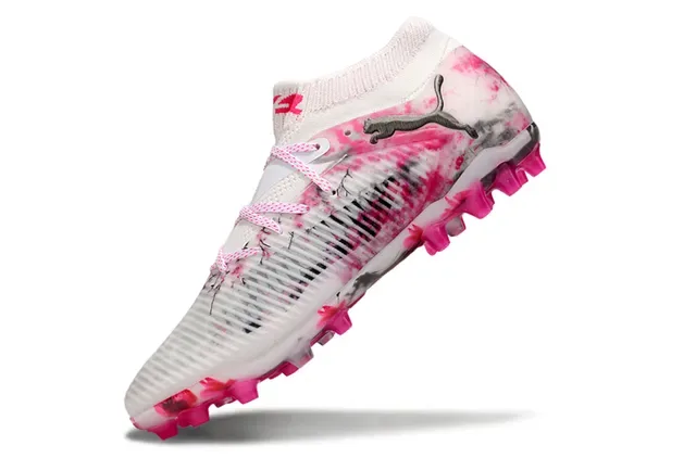 Puma White Pink Low-Cut Knit Collar Floral Ink-Splatter Print Firm-Ground Soccer Shoes 3