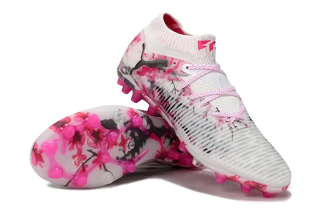 Puma White Pink Low-Cut Knit Collar Floral Ink-Splatter Print Firm-Ground Soccer Shoes 4