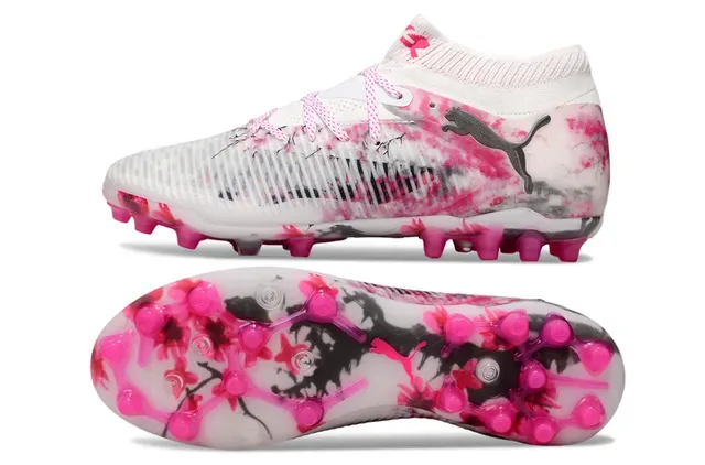 Puma White Pink Low-Cut Knit Collar Floral Ink-Splatter Print Firm-Ground Soccer Shoes 6