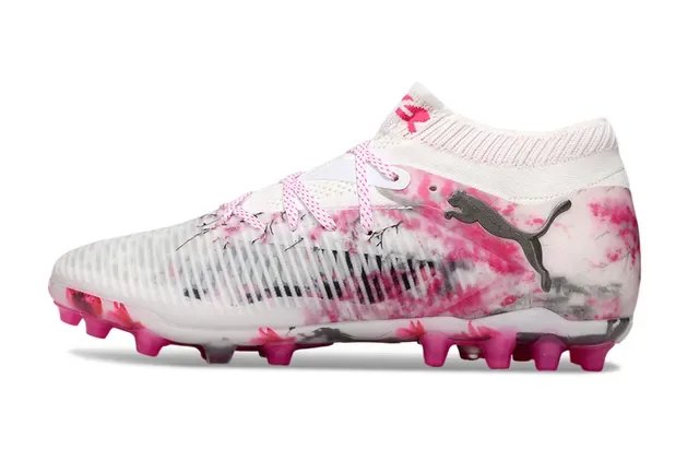 Puma White Pink Low-Cut Knit Collar Floral Ink-Splatter Print Firm-Ground Soccer Shoes 7