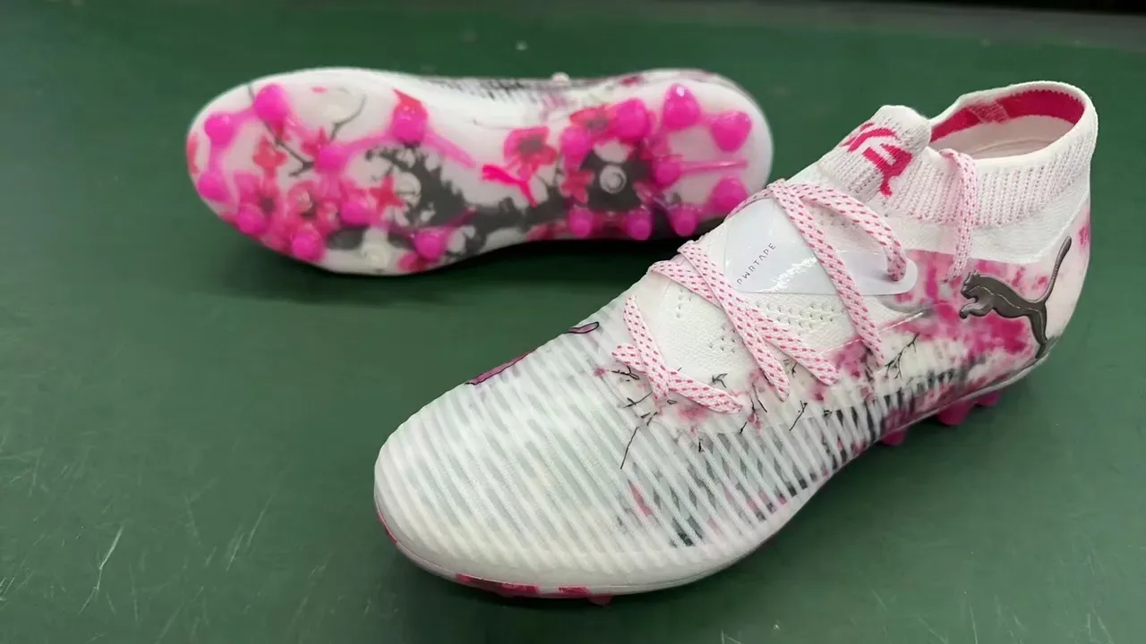 Puma White Pink Low-Cut Knit Collar Floral Ink-Splatter Print Firm-Ground Soccer Shoes 8