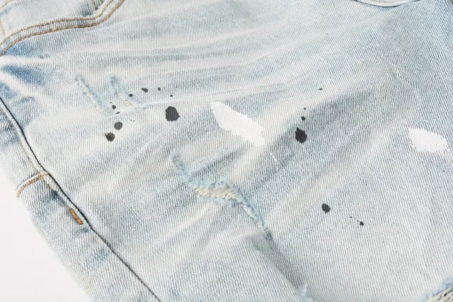 Purple Brand Distressed Paint-Splatter Light-Wash Denim Shorts 7