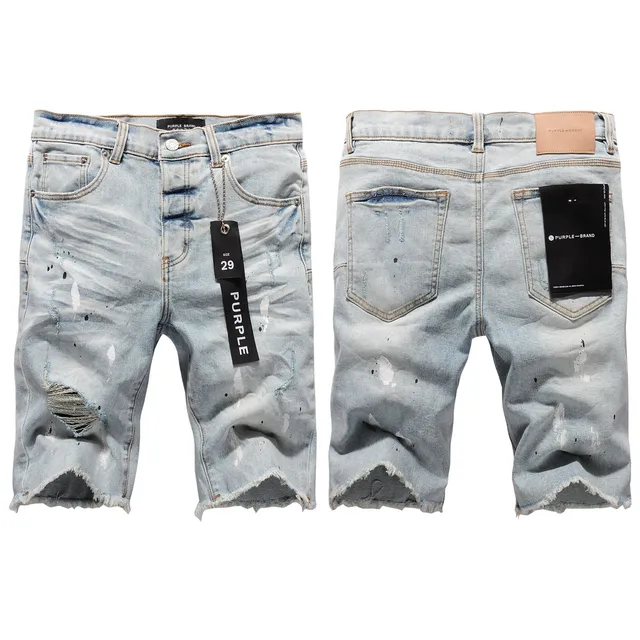 Purple Brand Distressed Paint-Splatter Light-Wash Denim Shorts 15