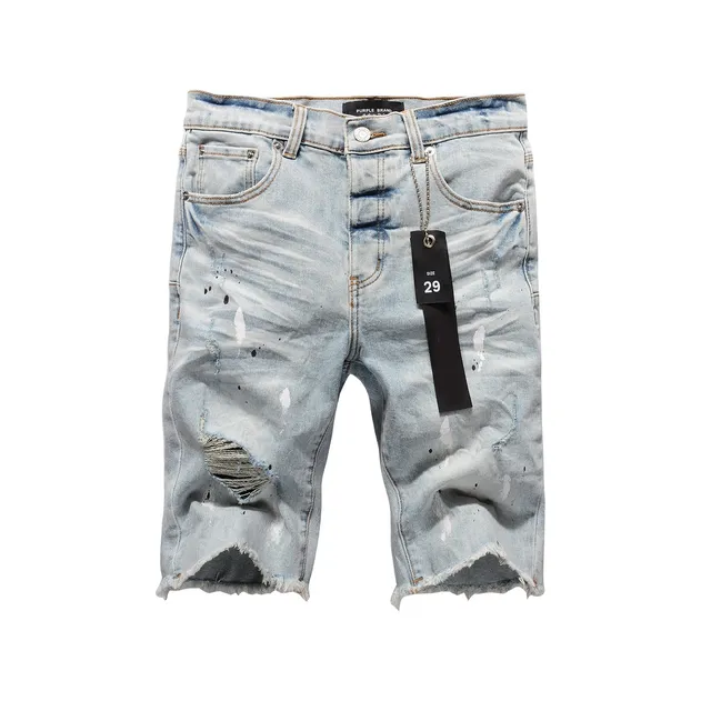 Purple Brand Distressed Paint-Splatter Light-Wash Denim Shorts 17