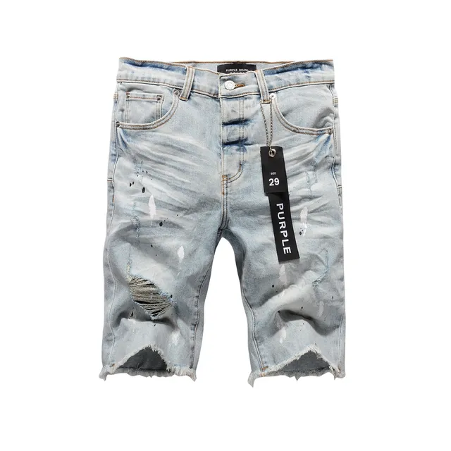 Purple Brand Distressed Paint-Splatter Light-Wash Denim Shorts 18