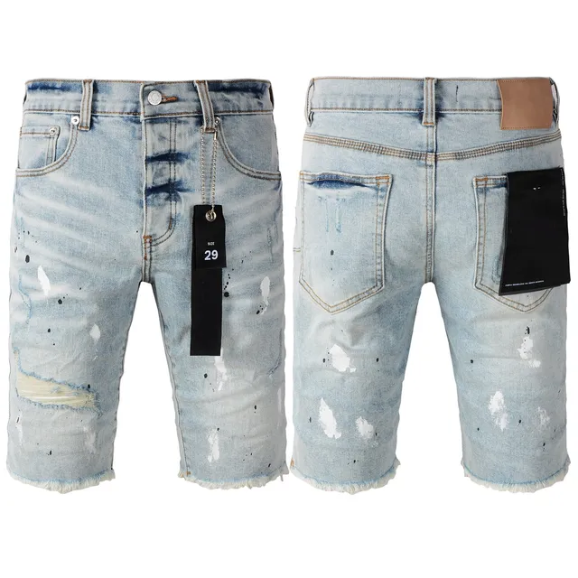 Purple Brand Distressed Paint-Splatter Light-Wash Denim Shorts 19