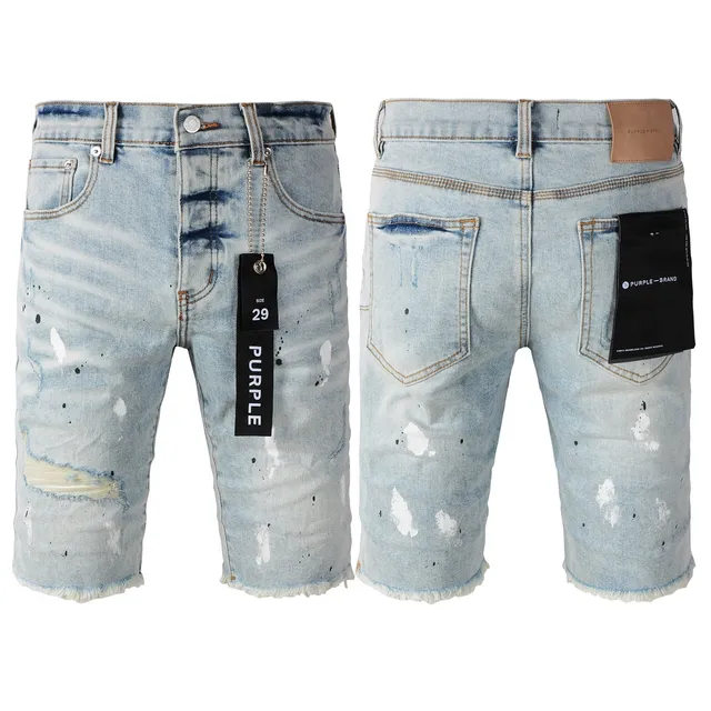 Purple Brand Distressed Paint-Splatter Light-Wash Denim Shorts 21