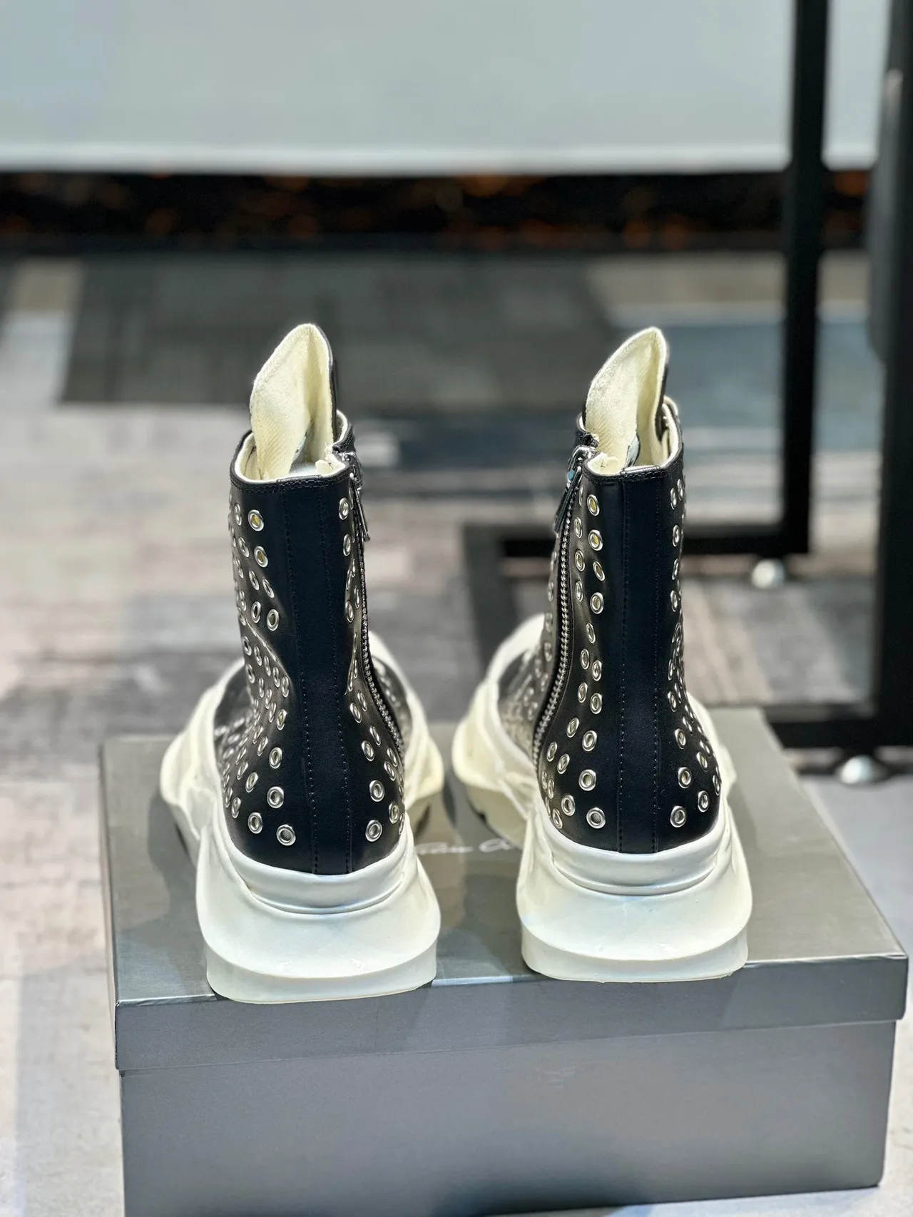 Rick Owens Black White Studded Leather Sculpted Platform Sole Ankle Boots 2