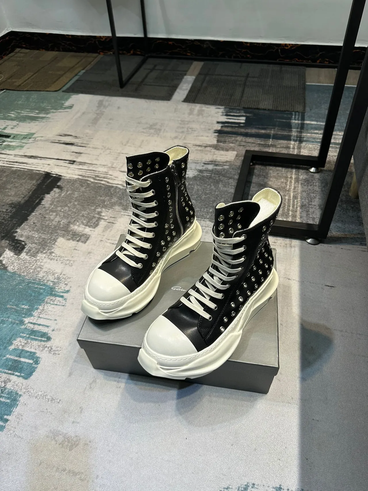 Rick Owens Black White Studded Leather Sculpted Platform Sole Ankle Boots 3