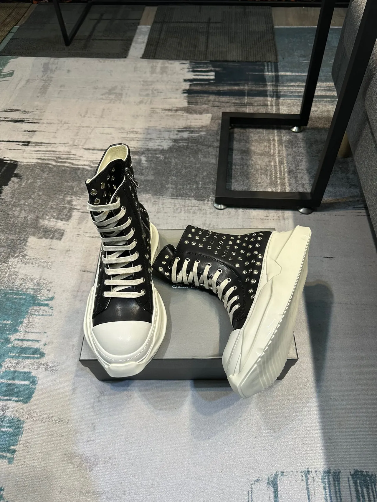 Rick Owens Black White Studded Leather Sculpted Platform Sole Ankle Boots 5