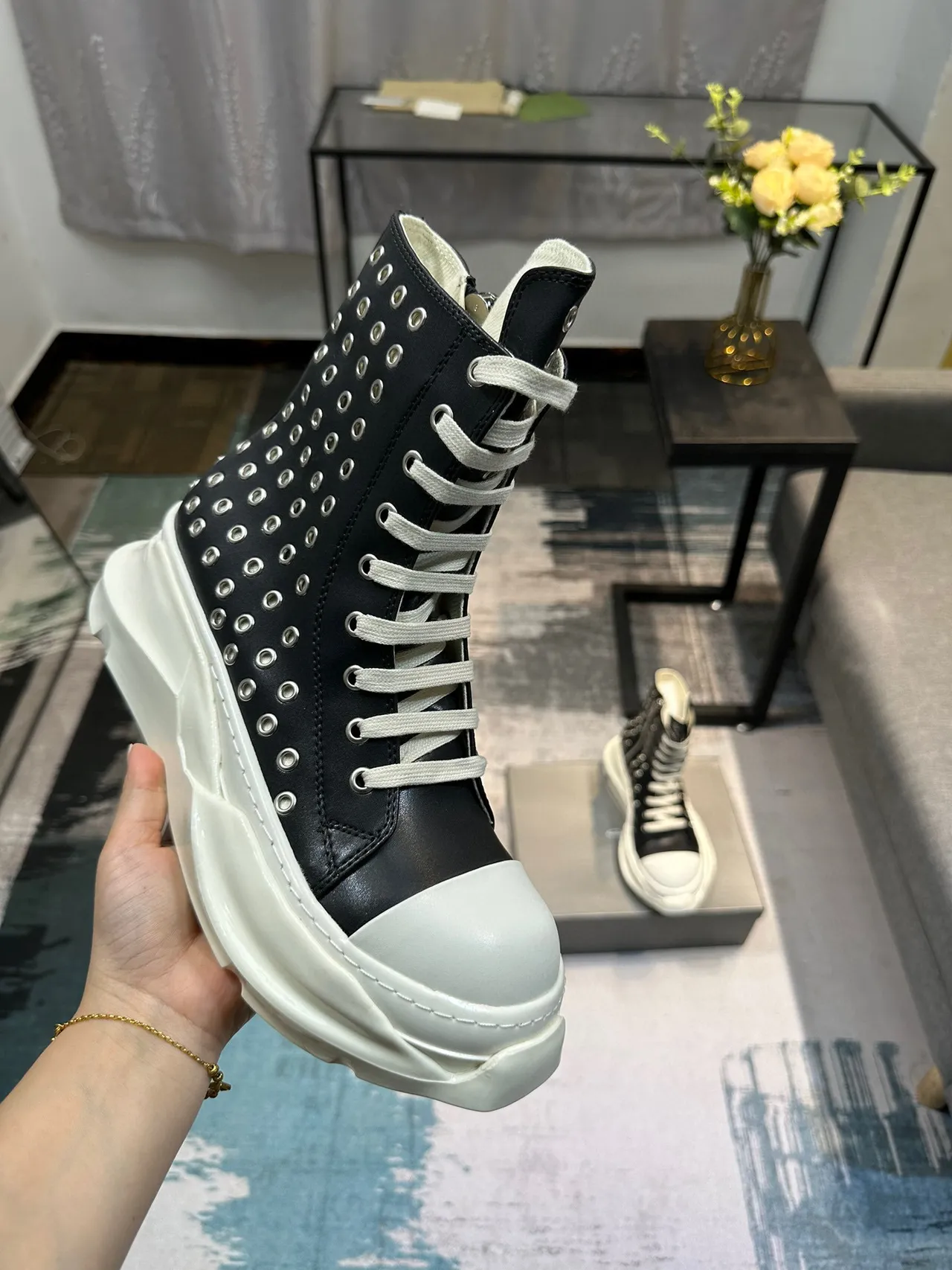 Rick Owens Black White Studded Leather Sculpted Platform Sole Ankle Boots 6