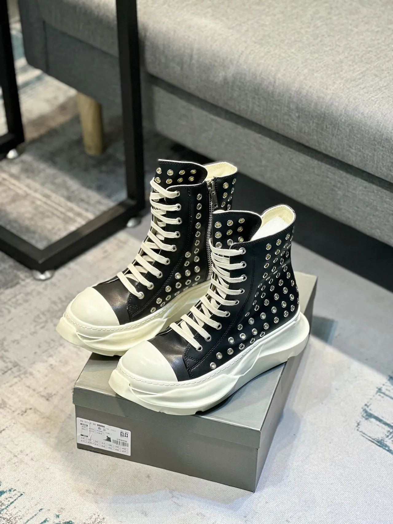 Rick Owens Black White Studded Leather Sculpted Platform Sole Ankle Boots 7