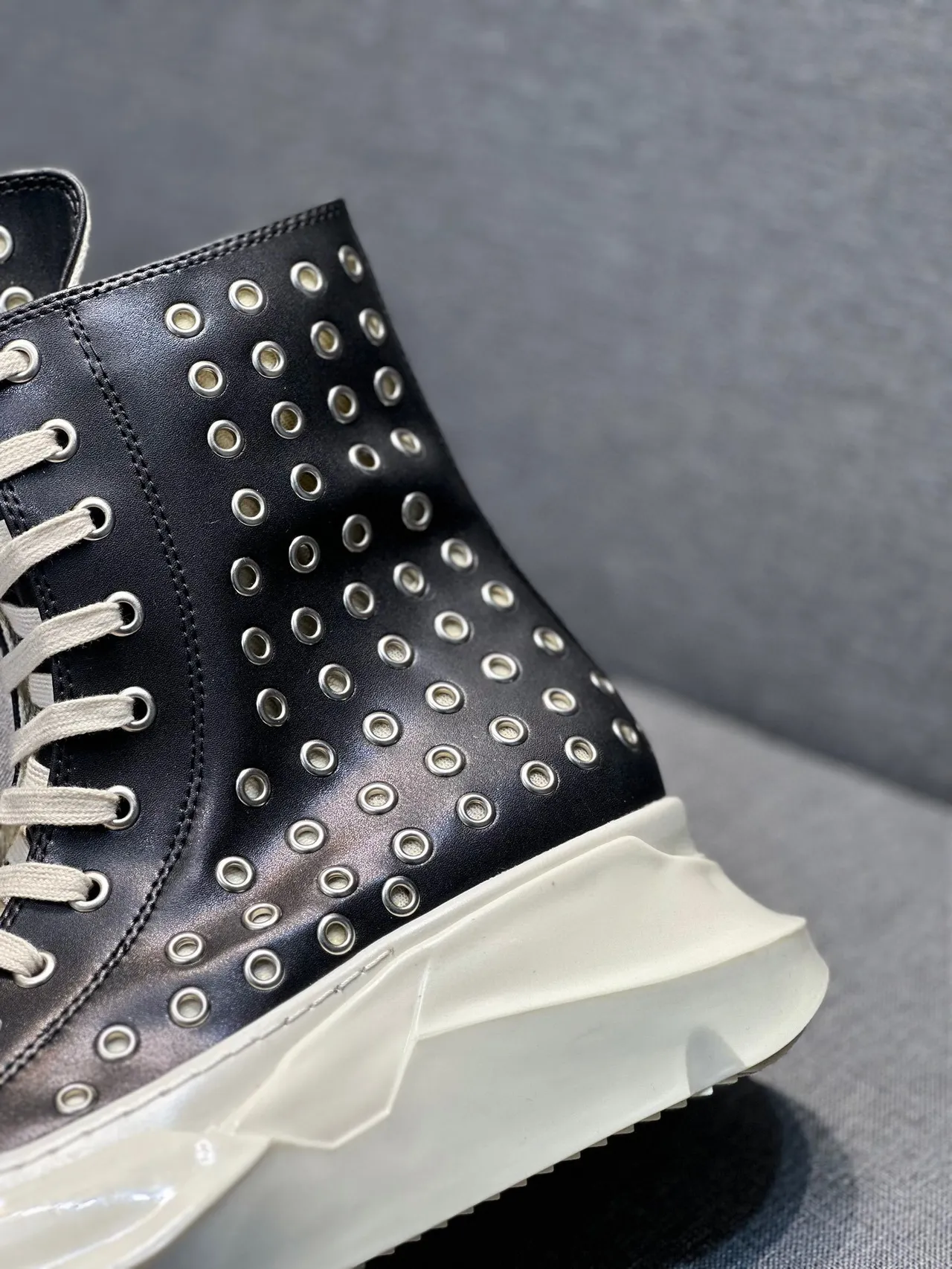 Rick Owens Black White Studded Leather Sculpted Platform Sole Ankle Boots 8