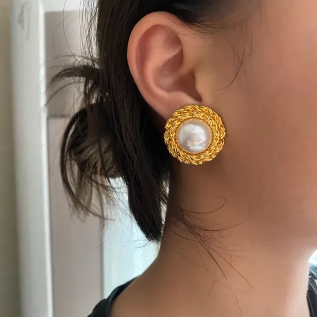 Saint Laurent Brincos Stud Ouro Trançados de Pérola 3