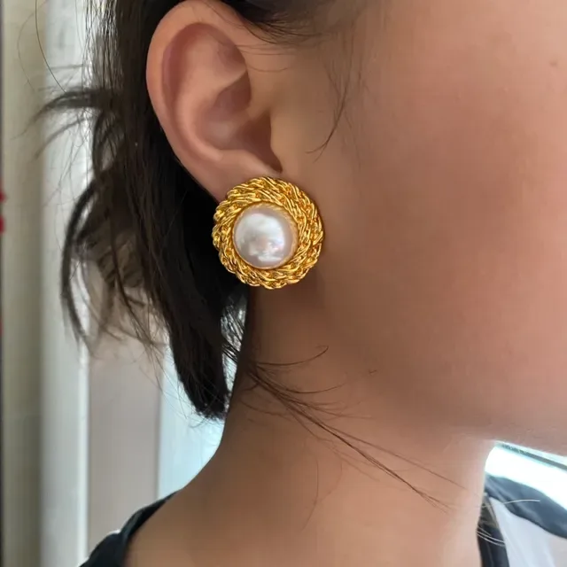 Saint Laurent Brincos Stud Ouro Trançados de Pérola 4