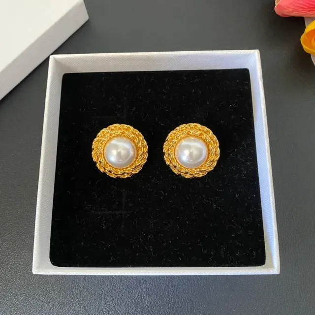 Saint Laurent Brincos Stud Ouro Trançados de Pérola 8